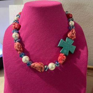 Beautiful handmade women’s necklace with turquoise cross 20 inch